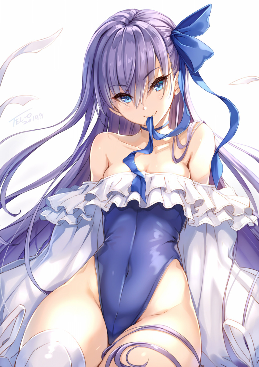 1girl artist_name blue_choker blue_eyes blue_ribbon choker commentary_request covered_navel crotch_seam dated eyebrows_visible_through_hair fate/grand_order fate_(series) hair_between_eyes hair_ribbon highleg highleg_swimsuit highres long_hair long_sleeves looking_at_viewer meltryllis meltryllis_(swimsuit_lancer)_(fate) mouth_hold purple_hair ribbon simple_background sleeves_past_wrists smile solo swimsuit tel-o very_long_hair white_background
