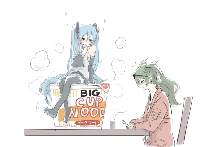 2girls aqua_eyes aqua_hair aqua_neckwear arm_support bare_shoulders black_legwear black_skirt black_sleeves blush chair commentary cup cup_noodle cup_ramen detached_sleeves dual_persona earrings eyewear_on_head finger_to_mouth fork green_hair grey_shirt hair_ornament hatsune_miku heart holding holding_fork jacket jewelry long_hair looking_at_another multiple_girls necktie nejikyuu nissin open_mouth oversized_food oversized_object red_jacket shirt shoulder_tattoo sitting sketch skirt sleeveless sleeveless_shirt smile steam suna_no_wakusei_(vocaloid) sunglasses sweatdrop swinging_legs table tattoo tea teacup thighhighs twintails v-shaped_eyebrows very_long_hair vocaloid white_shirt zettai_ryouiki