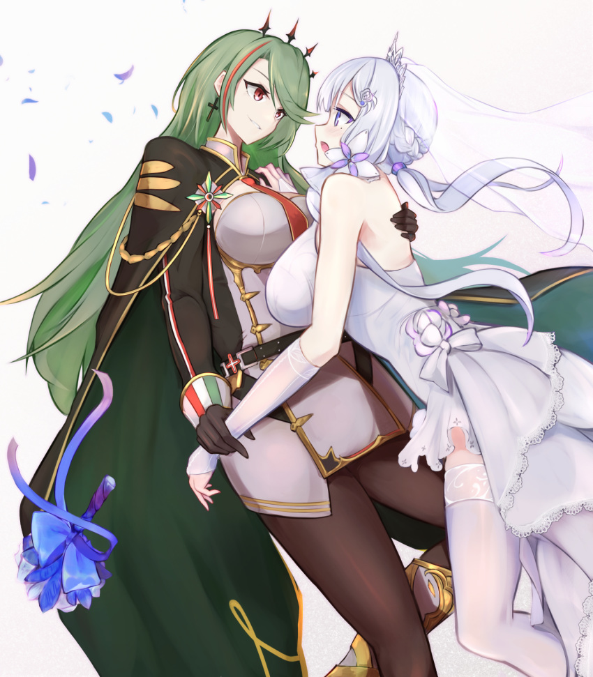 2girls aiguillette azur_lane bangs black_legwear blue_eyes blush boots bouquet braid breasts cape commentary_request crown_braid dress earrings elbow_gloves eye_contact flower gloves green_cape green_hair grin hair_ribbon headgear highres illustrious_(azur_lane) illustrious_(morning_star_of_love_and_hope)_(azur_lane) jewelry knee_boots lace_trim large_breasts littorio_(azur_lane) looking_at_another marshall2033 medal mole mole_under_eye multicolored_hair multiple_girls necktie open_mouth pantyhose petals red_eyes red_hair red_neckwear ribbon shrug_(clothing) sidelocks sleeve_cuffs smile strapless strapless_dress streaked_hair thighhighs tiara veil wedding_dress white_background white_dress white_footwear white_hair yuri