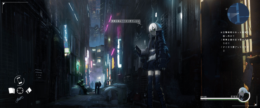 1girl 3others absurdres alley asteroid_ill bad_id bad_twitter_id black_footwear black_jacket black_legwear black_shorts boots building cityscape commentary cyberpunk dark fake_screenshot green_eyes heads-up_display highres holding holding_phone iz_(asteroid_ill) jacket lights long_hair long_sleeves multiple_others neon_lights night open_clothes open_jacket original outdoors phone scenery shirt shorts skyscraper sleeves_past_wrists solo_focus speech_bubble standing thighhighs translated user_interface very_long_hair white_hair white_shirt wide_shot window