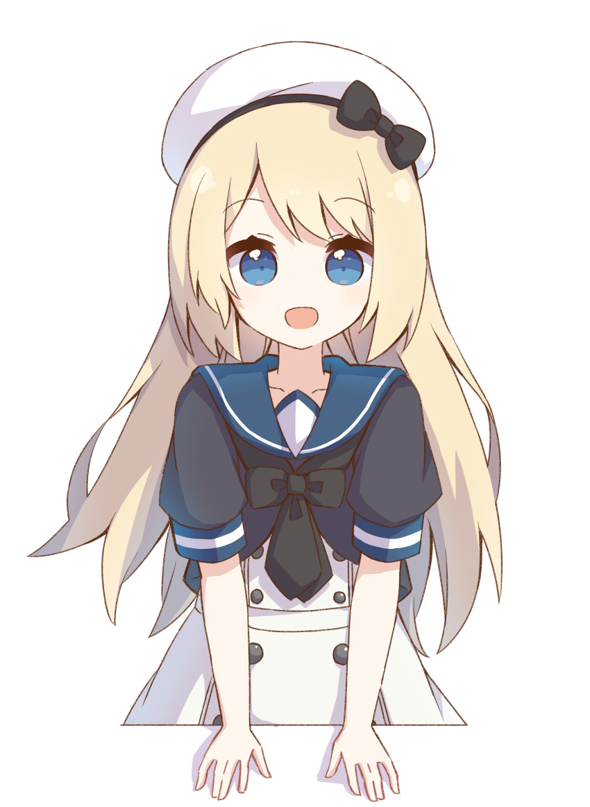 1girl absurdres black_neckwear blonde_hair blue_eyes blue_sailor_collar dress hat highres jervis_(kantai_collection) kantai_collection long_hair looking_at_viewer neckerchief no_nose sailor_collar sailor_dress sailor_hat short_sleeves simple_background solo table white_background white_dress white_headwear yoshinao_(yoshinao_0203)