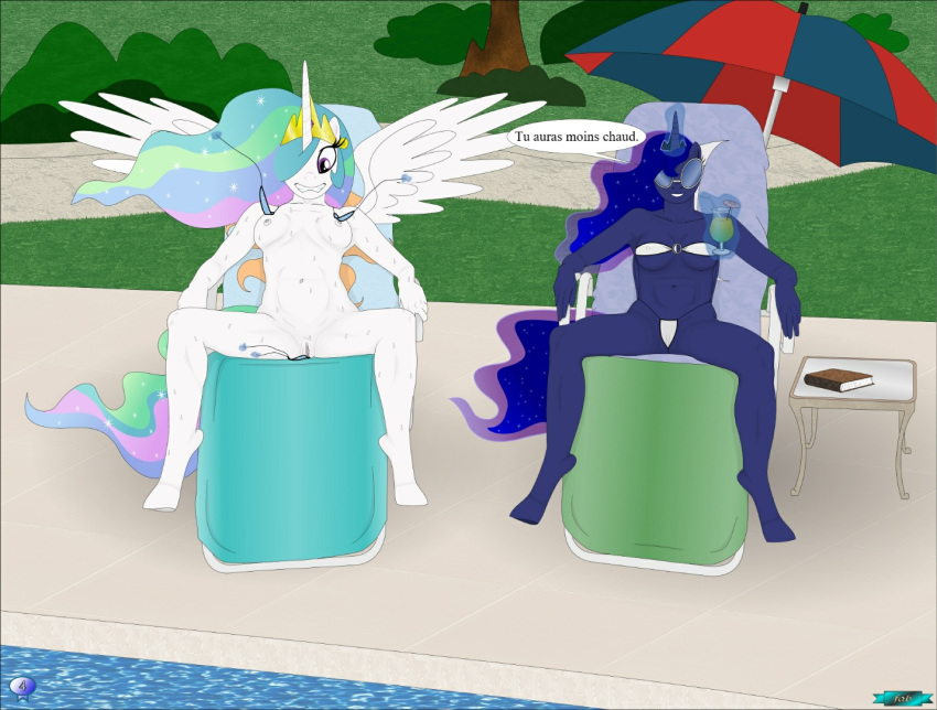 anthro bikini breasts clothing duo equid fab3716 female friendship_is_magic horn mammal my_little_pony pool_(disambiguation) princess_celestia_(mlp) princess_luna_(mlp) pussy swimwear winged_unicorn wings