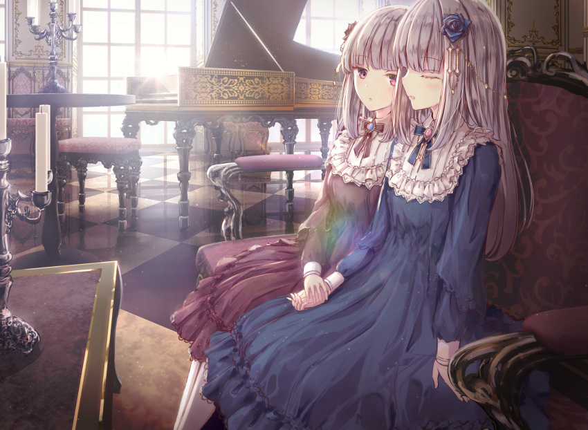 2girls argyle bangs blue_dress blue_flower blue_rose blunt_bangs brown_dress closed_eyes commentary_request day dress eyebrows_visible_through_hair flower frills grand_piano greyscale hair_flower hair_ornament highres holding_hands indoors instrument long_hair long_sleeves missile228 monochrome multiple_girls original pantyhose parted_lips piano piano_bench purple_eyes red_flower red_rose rose sitting sunlight very_long_hair white_legwear window