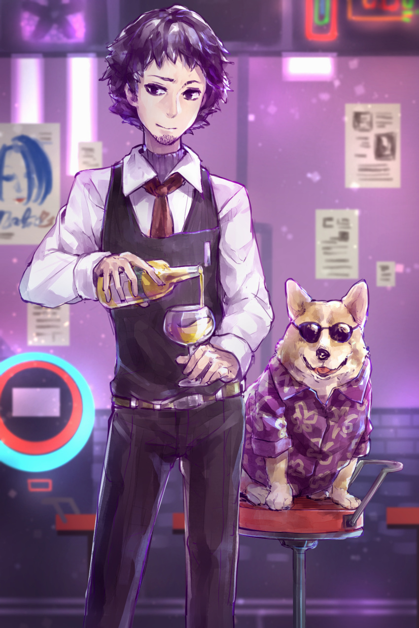 2boys alcohol bar bottle cup cyberpunk drinking_glass facial_hair gillian_(va-11_hall-a) goatee hawaiian_shirt highres jukebox mr.lime multiple_boys poster_(object) pouring rad_shiba shiba_inu shirt sunglasses va-11_hall-a wine wine_bottle wine_glass