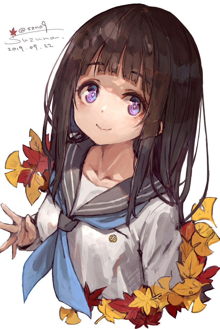 +_+ 1girl autumn_leaves bangs black_hair blue_neckwear chitanda_eru closed_mouth collarbone commentary_request cropped_torso dated eyebrows_visible_through_hair grey_sailor_collar highres hyouka leaf long_hair long_sleeves looking_at_viewer maple_leaf neckerchief purple_eyes sailor_collar school_uniform serafuku shirt signature simple_background sleeves_past_wrists smile solo suzuno_(bookshelf) twitter_username white_background white_shirt