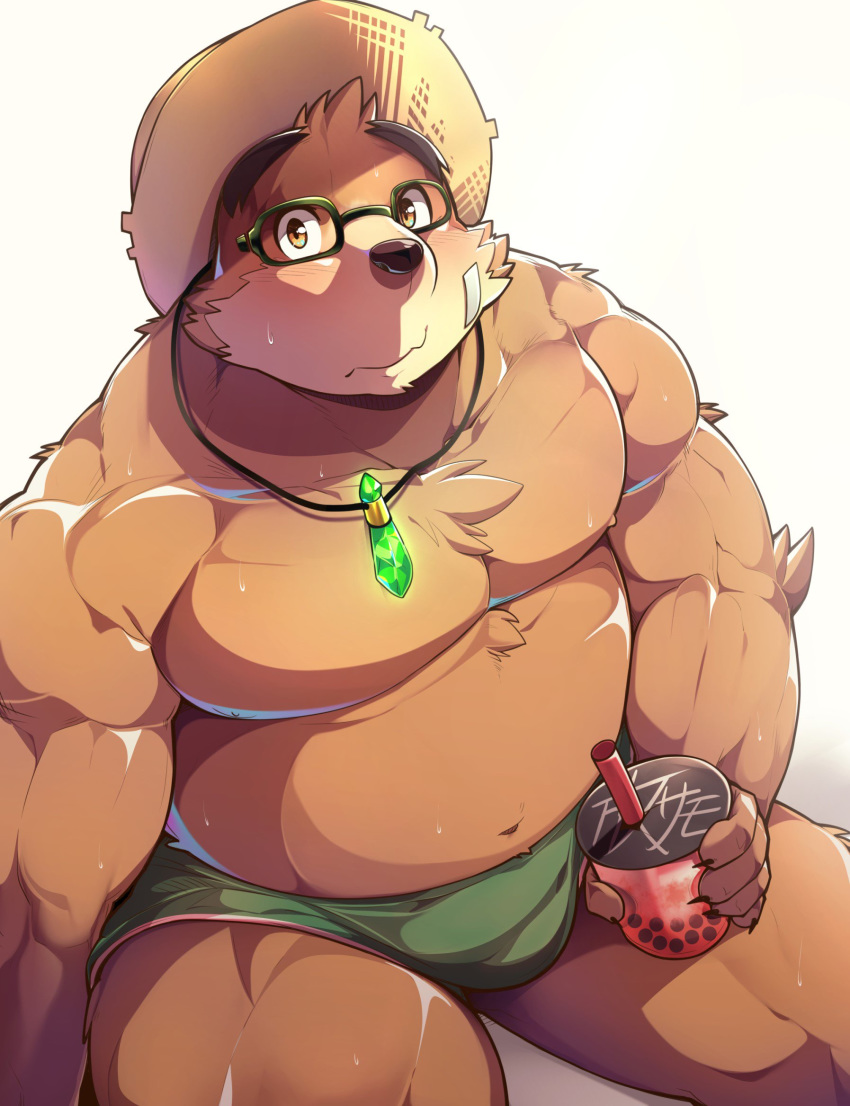 2019 666yubazi anthro belly beverage blush bubble_tea clothing eyewear glasses hat headgear headwear hi_res humanoid_hands male mammal moobs navel nipples overweight overweight_male simple_background sitting solo straw_hat tokyo_afterschool_summoners underwear ursid video_games volos white_background
