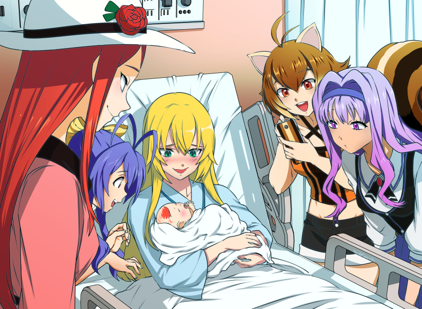 6+girls absurdres animal_ears antenna_hair baby bed blanket blazblue blonde_hair blue_eyes blue_hair blue_headband brown_eyes brown_hair cellphone commission derivative_work eudetenis flower genderswap genderswap_(mtf) green_eyes hairband hat hat_flower headband highres hospital_bed if_they_mated ips_cells jin_kisaragi kajun_faycott long_hair mai_natsume makoto_nanaya mother_and_daughter multiple_girls open_mouth phone purple_eyes purple_hair red_hair rose short_hair signature smartphone smile squirrel_ears squirrel_girl squirrel_tail tail tears tsubaki_yayoi vest white_headwear yuri