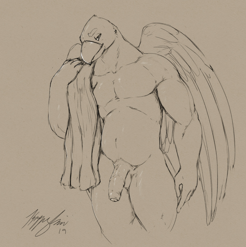 anthro avian beak bird erection feathered_wings feathers finch foreskin half-closed_eyes hi_res humanoid_penis kazzyboii looking_at_viewer male monochrome musclegut muscular muscular_male nude penis seductive sketch solo standing towel wings zary