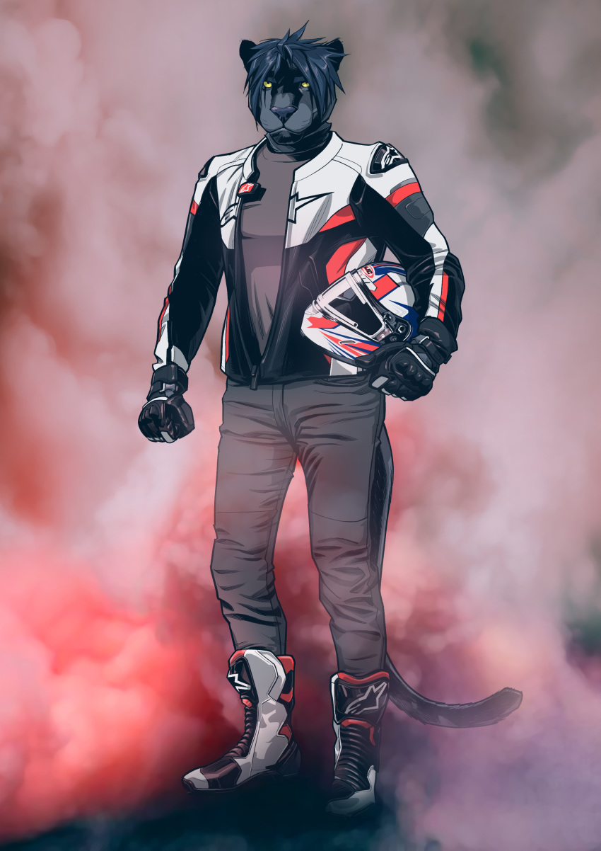 5_fingers absurd_res alpinestars armor billmund black_hair boots bottomwear clothed clothing felid fingers footwear gloves hair handwear headgear helmet hi_res hjc jeans male mammal motorcycle_helmet pantherine pants solo yellow_sclera