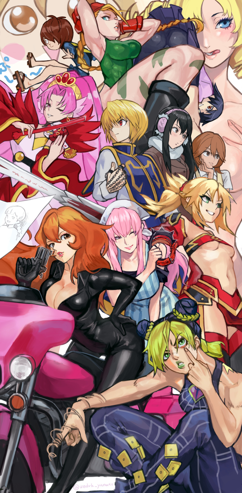 2boys 6+girls absurdres bike_shorts cammy_white catherine catherine_(game) character_request crossover cure_scarlet fate/apocrypha fate_(series) gegege_no_kitarou go!_princess_precure ground_vehicle highres huge_filesize hunter_x_hunter jojo_no_kimyou_na_bouken kanbaru_suruga kitarou kurapika kuujou_jolyne lupin_iii mine_fujiko monogatari_(series) mordred_(fate)_(all) motor_vehicle motorcycle multiple_boys multiple_crossover multiple_girls precure sawashiro_miyuki school_uniform seiyuu_connection sitting squatting stone_ocean street_fighter sword uedrk_yamato weapon