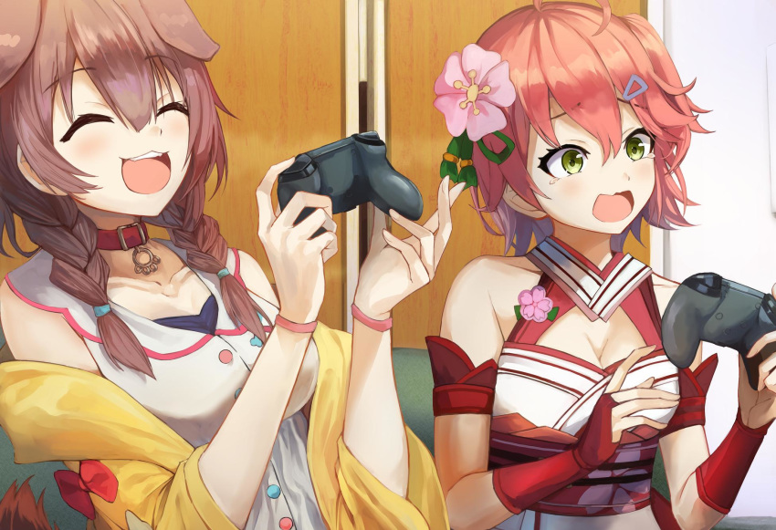 2girls ahoge armband bare_shoulders braid breasts brooch buttons cherry_blossoms cherry_print cleavage cleavage_cutout closed_eyes collar collarbone controller detached_sleeves dog_collar dog_girl dog_tail eyebrows_visible_through_hair fangs flower food_print green_eyes hair_flower hair_ornament hairclip highres hololive indoors inugami_korone jewelry konkito medium_breasts medium_hair multiple_girls nontraditional_miko open_mouth paw_print_pattern sakura_miko sleeves_past_elbows tail tongue twin_braids upper_teeth virtual_youtuber wireless wristband