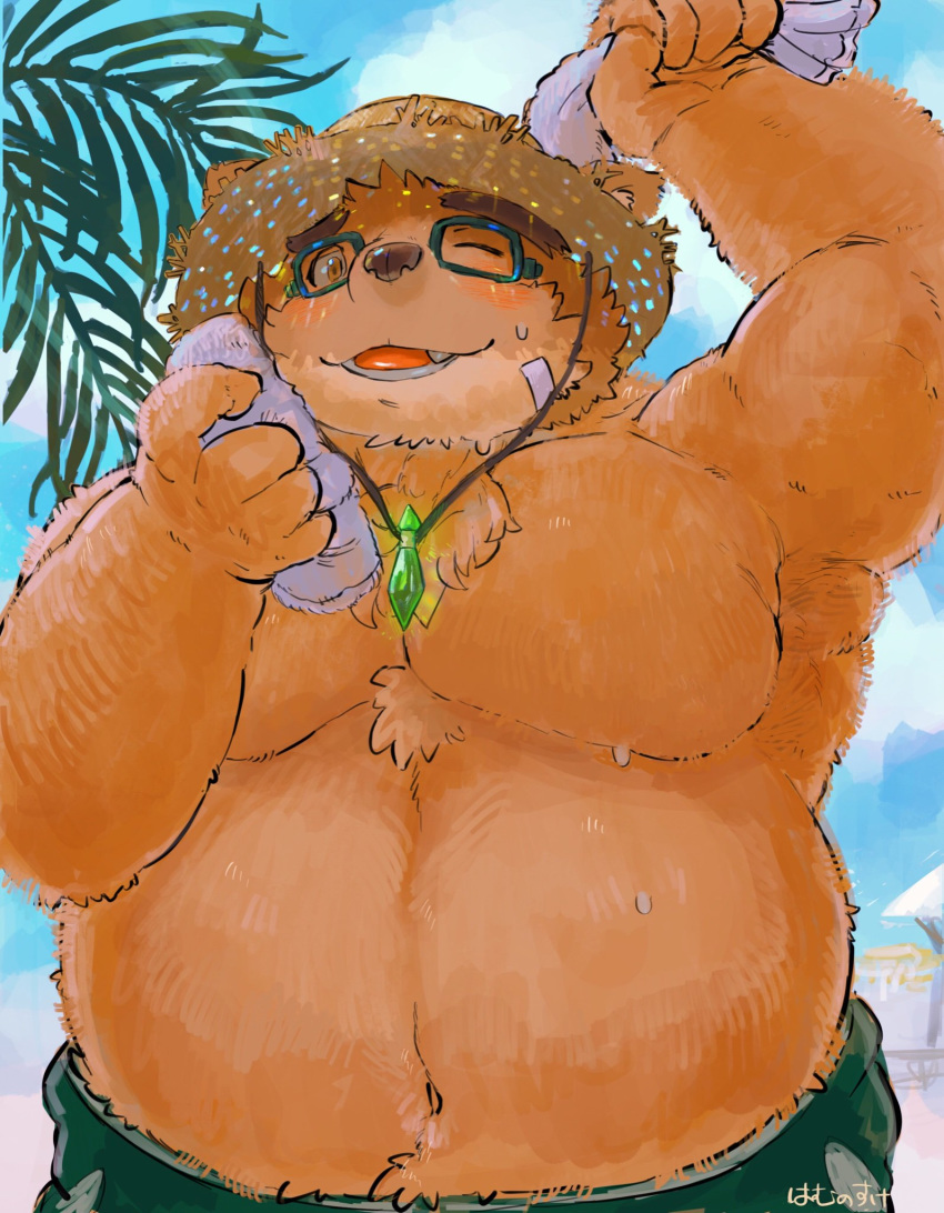 2019 anthro beach belly blush brown_fur buta5kawa clothing eyewear fur glasses hamuga86 hat headgear headwear hi_res male mammal moobs navel one_eye_closed outside overweight overweight_male seaside solo straw_hat swimwear tokyo_afterschool_summoners towel ursid video_games volos wink