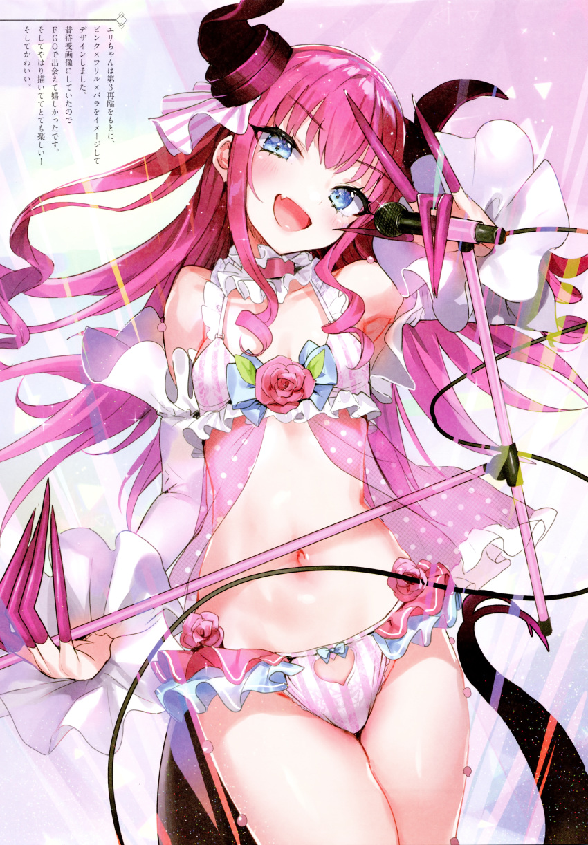 1girl absurdres bra breasts cleavage dragon_horns dragon_tail elizabeth_bathory_(fate) elizabeth_bathory_(fate)_(all) fang fate/extra fate/extra_ccc fate_(series) flower highres horns huge_filesize lingerie long_hair looking_at_viewer microphone microphone_stand navel negligee nekometaru open_mouth panties pink_bra pink_flower pink_panties pink_rose pointy_ears red_hair rose see-through small_breasts smile solo tail underwear