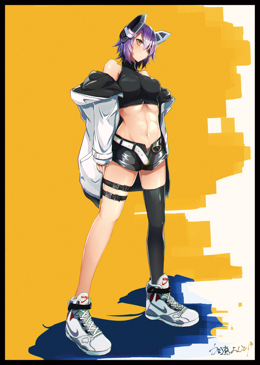 1girl absurdres alternate_costume bare_shoulders black_legwear black_shorts breasts commentary_request crop_top eyepatch full_body headgear highres jacket kantai_collection kasoku_souchi long_sleeves medium_breasts midriff navel nike off_shoulder purple_hair shoes short_hair short_shorts shorts single_thighhigh sneakers solo standing tenryuu_(kantai_collection) thigh_strap thighhighs white_footwear white_jacket yellow_background yellow_eyes