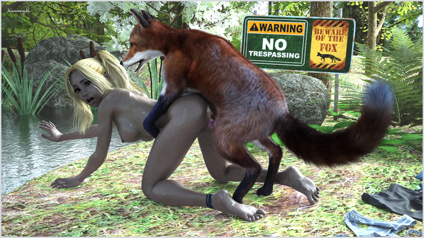 16:9 3d_(artwork) 5_toes all_fours animal_genitalia animal_penis anklet bestiality blonde_hair breasts canid canine canine_penis clothing digital_media_(artwork) doggystyle duo feet female female_on_feral female_penetrated feral feral_penetrating feral_penetrating_human fox from_behind_position fur hair human human_on_feral human_penetrated humanoid_feet interspecies jewelry knot lips male male/female mammal nipples nude open_mouth outside penetration penis pigtails pussy sex soles toes vaginal vaginal_penetration water xnassyx