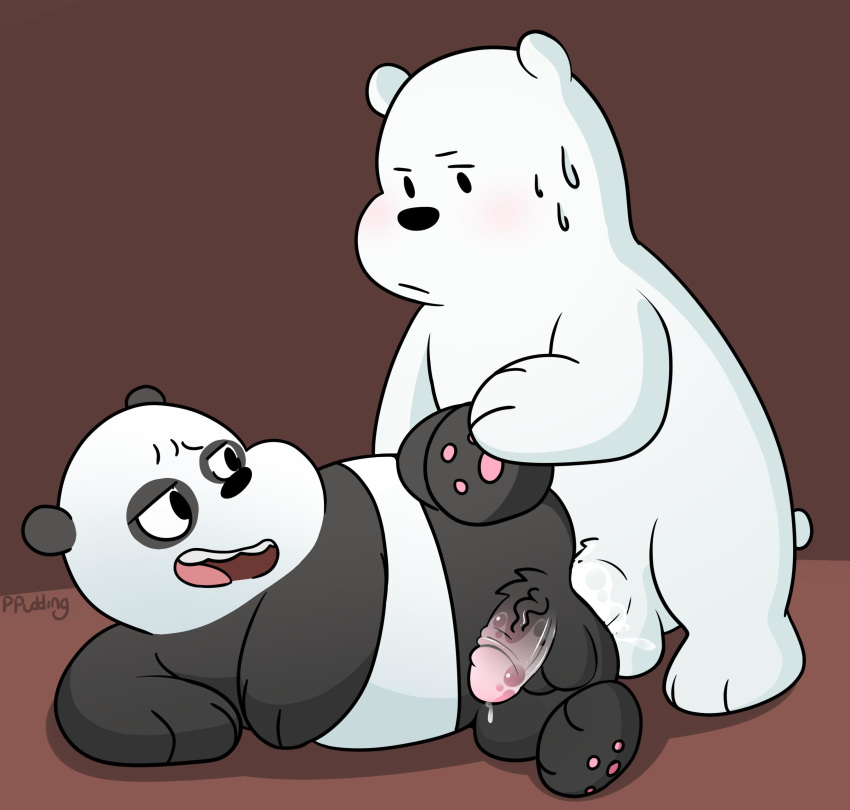 2019 absurd_res anal anal_penetration anthro balls black_fur blush bodily_fluids cartoon_network cum duo erection fur genital_fluids giant_panda hi_res humanoid_penis ice_bear male male/male mammal panda_(wbb) peachy-pudding penetration penis polar_bear slightly_chubby sweat ursid ursine we_bare_bears white_fur