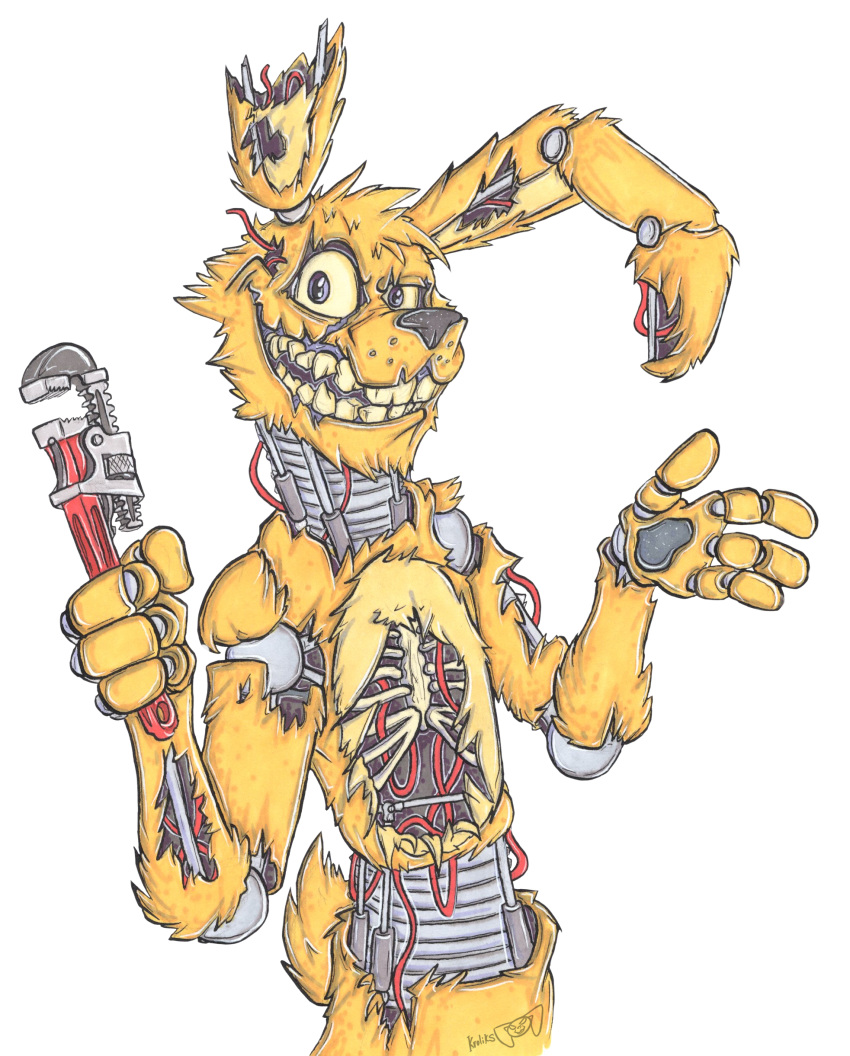 2019 3_fingers absurd_res animatonic anthro bone buckteeth damaged drawing fangs fingers five_nights_at_freddy's five_nights_at_freddy's_3 front_view fur grin hare hi_res holding_object krolik lagomorph leporid long_ears looking_at_viewer machine male mammal pawpads pose rabbit robot signature smile solo solo_focus springtrap_(fnaf) standing teeth tools traditional_media_(artwork) video_games wire wrench yellow_fur
