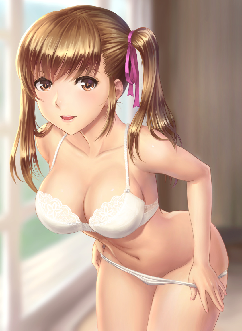 1girl absurdres ass asymmetrical_bangs bangs bent_over bra breasts brown_eyes brown_hair cleavage collarbone cowboy_shot hair_ribbon highres lace lace-trimmed_bra large_breasts lips long_hair looking_at_viewer navel open_mouth original panties panty_pull ribbon smile solo stomach thighs twintails underwear white_bra white_panties youbou