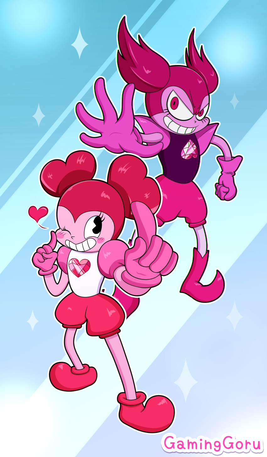 &lt;3 2019 absurd_res alien blush boots bottomwear cartoon_network clothing duo female footwear gaminggoru gem_(species) gesture gloves hair handwear hi_res humanoid not_furry one_eye_closed pink_hair pink_skin pointing signature simple_background smile sparkles spinel_(steven_universe) steven_universe teeth wink young