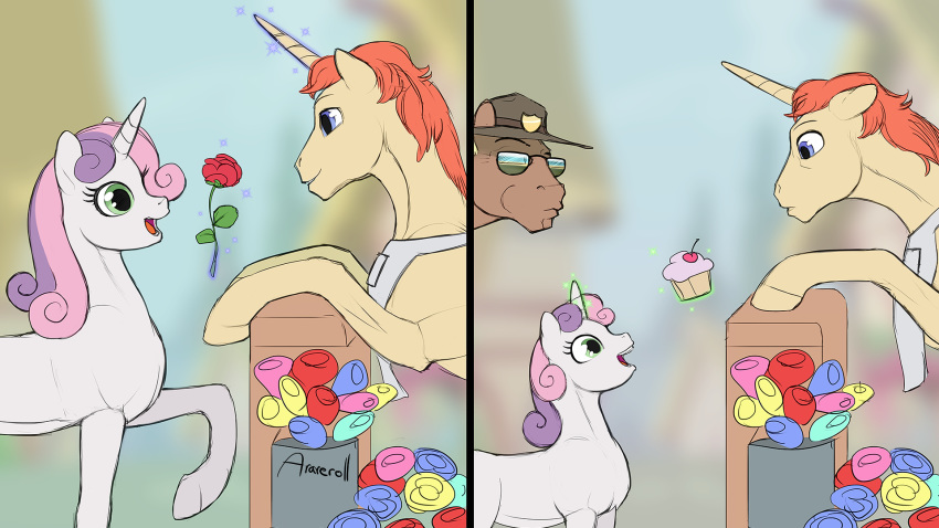 16:9 2019 arareroll clothing cupcake equid eye_contact eyelashes eyewear female feral food friendship_is_magic hat headgear headwear hi_res horn looking_at_another mammal my_little_pony open_mouth rose_(disambiguation) sunglasses sweetie_belle_(mlp) unicorn young
