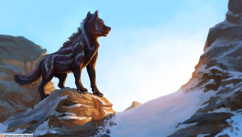 alpine canid canine canis conditional_dnp counterhsading danza feral galaxy landscape male mammal markings patreon paws reverse rock snow solo sunrise wolf