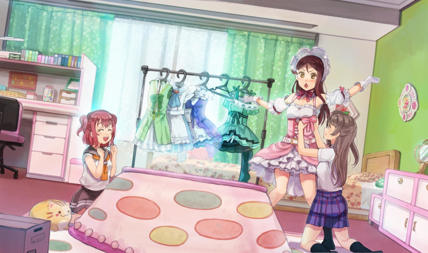 3girls beniko08 birthday clothes_rack costume dancing_stars_on_me! diamond_mouth dress dressing_another ganbaru_pose grey_hair hat highres kira-kira_sensation! korekara_no_someday kurosawa_ruby long_hair love_live! love_live!_school_idol_festival_all_stars love_live!_school_idol_project love_live!_sunshine!! minami_kotori multiple_girls one_side_up otonokizaka_school_uniform red_hair sakurauchi_riko school_uniform start:dash!! twintails uranohoshi_school_uniform yume_no_tobira