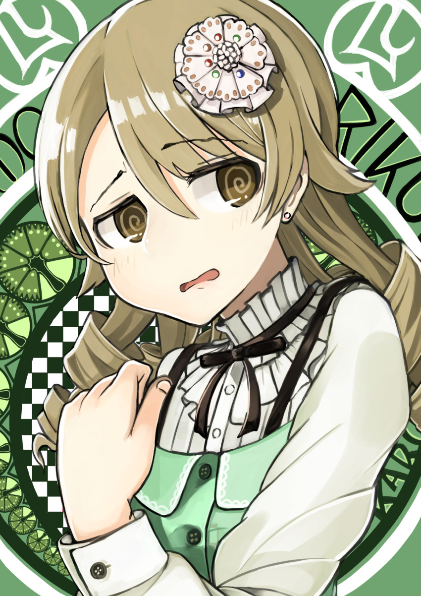 1girl al_bhed_eyes art_nouveau artist_name black_ribbon brown_eyes brown_hair character_name checkered checkered_background commentary_request dress_shirt drill_hair earrings frilled_shirt_collar frills green_background hair_ornament hand_on_own_chest highres idolmaster idolmaster_cinderella_girls jewelry long_hair looking_to_the_side morikubo_nono paeonia1202 ribbon shirt solo stud_earrings upper_body upset