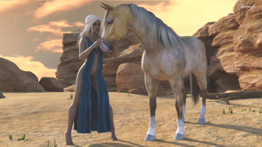 16:9 3d_(artwork) 5_toes ambiguous_gender barefoot clothed clothing daenerys_targaryen digital_media_(artwork) duo equid equine feet female game_of_thrones hair hi_res hooves horse human humanoid_feet larger_ambiguous lips mammal outside size_difference smaller_female standing toes white_hair xnassyx