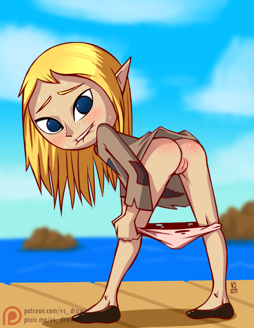 2017 artist_name back biting_lip blonde_hair blue_eyes blush boardwalk clothed clothing eyebrows female female_focus freckles looking_at_viewer mila_(wind_waker) nintendo ocean outdoors panties panties_down patreon pointy_ears presenting presenting_hindquarters pussy ragged_clothing shoes solo solo_focus sweat teeth the_legend_of_zelda the_legend_of_zelda:_the_wind_waker vagina vs_draws water web_address wind_waker