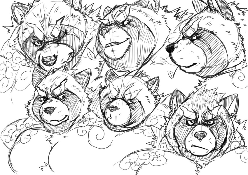 2019 anoyed anthro canid canine chubby_male eye_scar fur gyobu male mammal multiple_images raccoon_dog scar tanuki tattoo tied_hair tokyo_afterschool_summoners video_games yukikazefactory