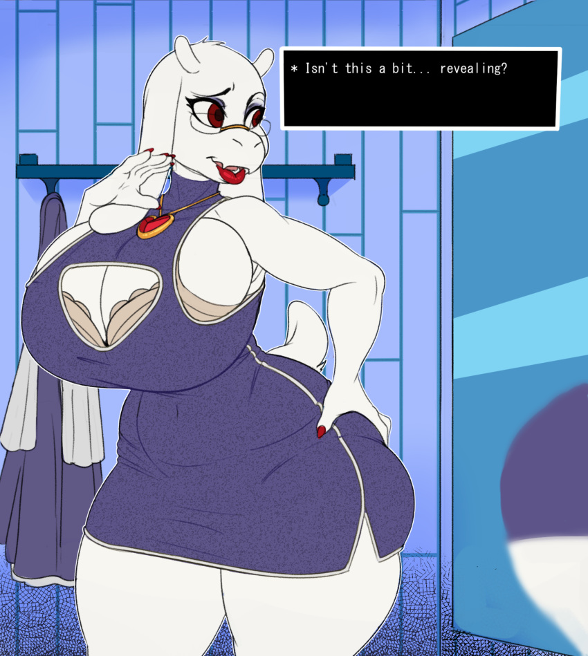 big_butt boss_monster bovid box-s bra butt caprine clothing dress dressing_room_(disambiguation) eyewear female glasses hi_res jewelry lipstick makeup mammal mature_female necklace red_eyes solo standing thick_thighs toriel undertale underwear video_games