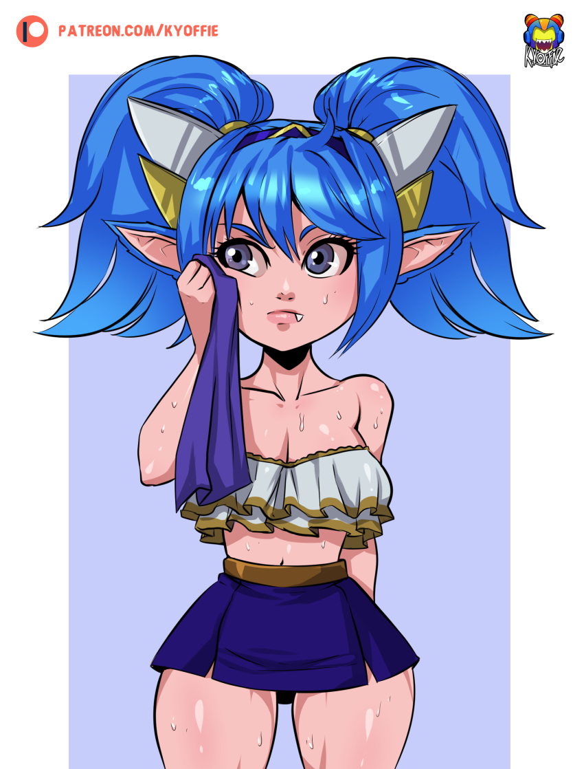 absurd_res blue_hair bodily_fluids bottomwear breasts clothing fangs female hair hi_res humanoid humanoid_pointy_ears kyoffie league_of_legends mammal poppy_(lol) riot_games short_stack skirt sweat thick_thighs towel twintails_(disambiguation) video_games wide_hips yordle