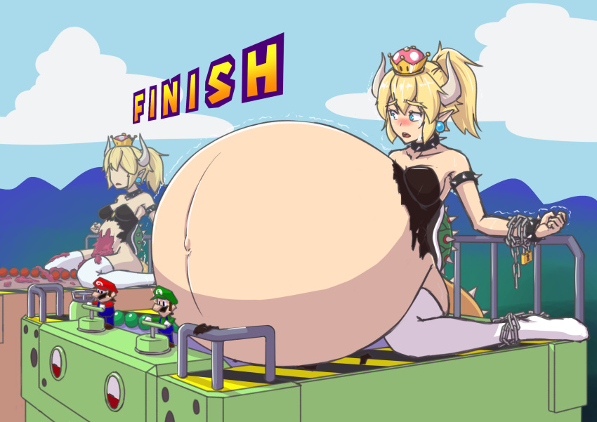 5_fingers absurd_res belly big_belly blonde_hair blue_eyes blush bodily_fluids bound bowsette_meme bracelet breasts chain chained clothed clothing collar colucolu crown ear_piercing eyebrows eyelashes eyes_closed female female_focus fingers gore group hair hi_res horn humanoid humanoid_pointy_ears inflation jewelry legwear looking_at_another luigi mario mario_bros mario_party navel nintendo open_mouth piercing ponytail shell sitting spiked_armlet spiked_bracelet spiked_collar spiked_shell spiked_tail spikes super_crown tears teeth thick_eyebrows thigh_highs torn_clothing video_games