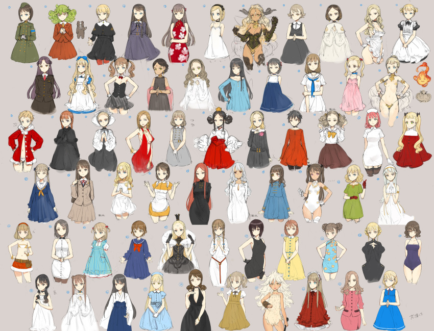 6+girls absurdres armlet arms_at_sides arms_behind_back bangs bird black_dress black_hair black_hairband black_legwear blonde_hair blue_dress blue_eyes blue_skirt blunt_bangs bow bowtie bracer breasts brown_eyes brown_hair brown_skirt cleavage clenched_hand club concept_art crown curly_hair detached_collar double_bun dress eyepatch facial_mark fire flat_chest floral_print forehead_mark garter_straps gloves green_dress green_eyes green_hair green_headwear grey_background hair_between_eyes hairband hakama hand_on_hip hand_on_own_arm hands_on_hips hands_together hands_up hat highres holding_club horns japanese_clothes leotard long_hair long_sleeves medium_breasts medium_hair midriff miko multiple_girls navel nurse_cap ooyari_ashito original owl pantyhose parted_bangs pink_dress red_bow red_dress red_eyes red_gloves red_hairband red_legwear red_neckwear school_uniform serafuku short_hair short_sleeves short_twintails sketch skirt sleeveless sleeveless_dress sleeves_past_wrists standing tan thighhighs twintails very_long_hair wavy_hair weapon white_gloves white_hair white_headwear
