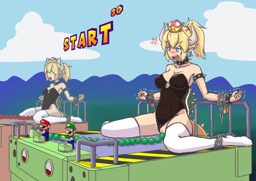 5_fingers absurd_res blonde_hair blue_eyes blush bound bowsette_meme bracelet breasts chain chained clothed clothing collar colucolu cross-popping_vein crown ear_piercing eyebrows eyelashes female female_focus fingers group hair hi_res horn humanoid humanoid_pointy_ears jewelry legwear luigi mario mario_bros mario_party nintendo open_mouth penetration piercing ponytail pussy shell sitting spiked_armlet spiked_bracelet spiked_collar spiked_shell spiked_tail spikes super_crown teeth thick_eyebrows thigh_highs vaginal vaginal_penetration vein video_games