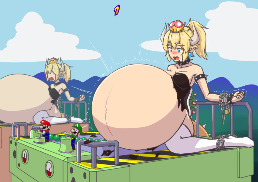 5_fingers absurd_res belly big_belly blonde_hair blue_eyes blush bodily_fluids bound bowsette_meme bracelet breasts chain chained clothed clothing collar colucolu crown ear_piercing eyebrows eyelashes female female_focus fingers group hair hi_res horn humanoid humanoid_pointy_ears inflation jewelry legwear luigi mario mario_bros mario_party navel nintendo open_mouth piercing ponytail shell sitting spiked_armlet spiked_bracelet spiked_collar spiked_shell spiked_tail spikes super_crown sweat sweatdrop tears teeth thick_eyebrows thigh_highs torn_clothing video_games