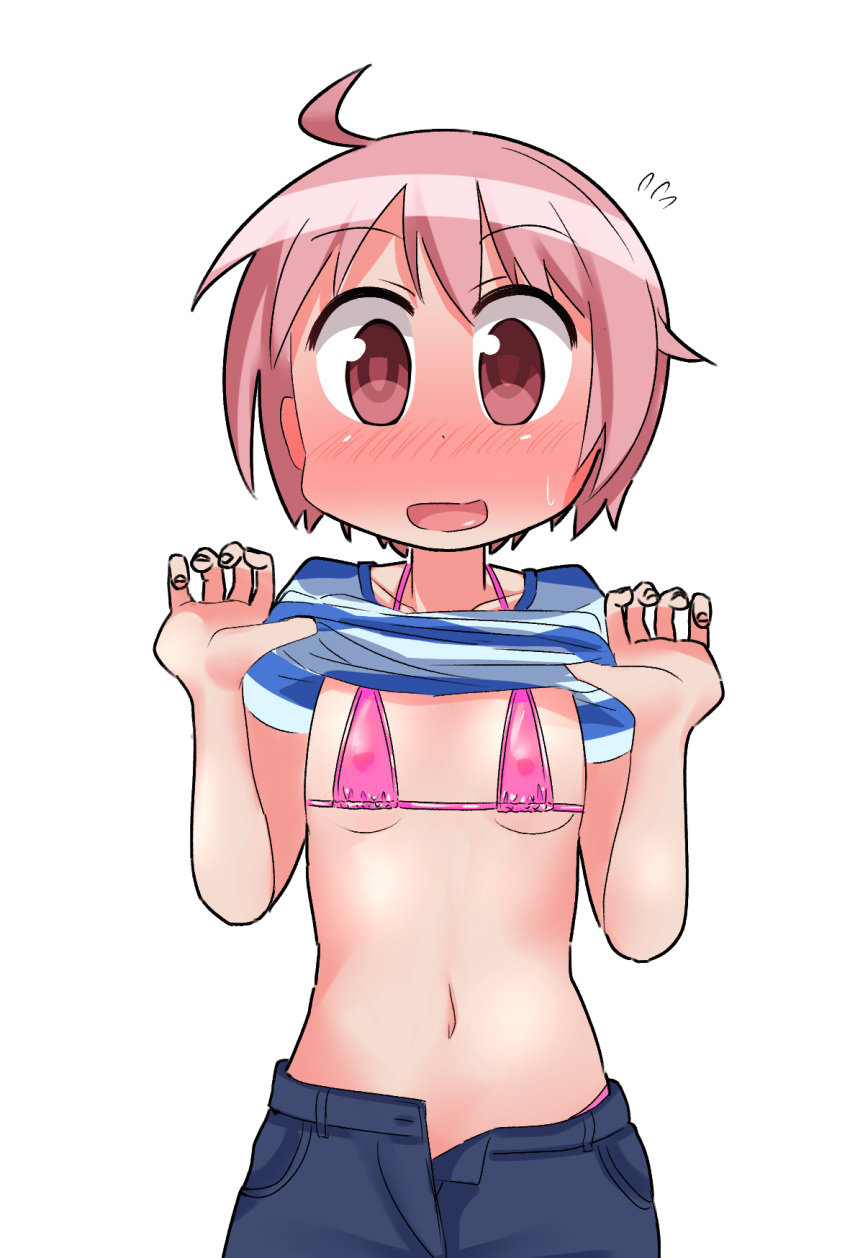 1girl ahoge bikini blush breasts chiden collarbone covered_nipples eyebrows_visible_through_hair highres lifted_by_self looking_at_viewer micro_bikini navel nonohara_yuzuko open_mouth pink_bikini_top pink_hair red_eyes shiny shiny_clothes shiny_hair shiny_skin shirt shirt_lift short_hair shorts simple_background small_breasts smile solo sweat swimsuit swimwear tongue white_background yuyushiki