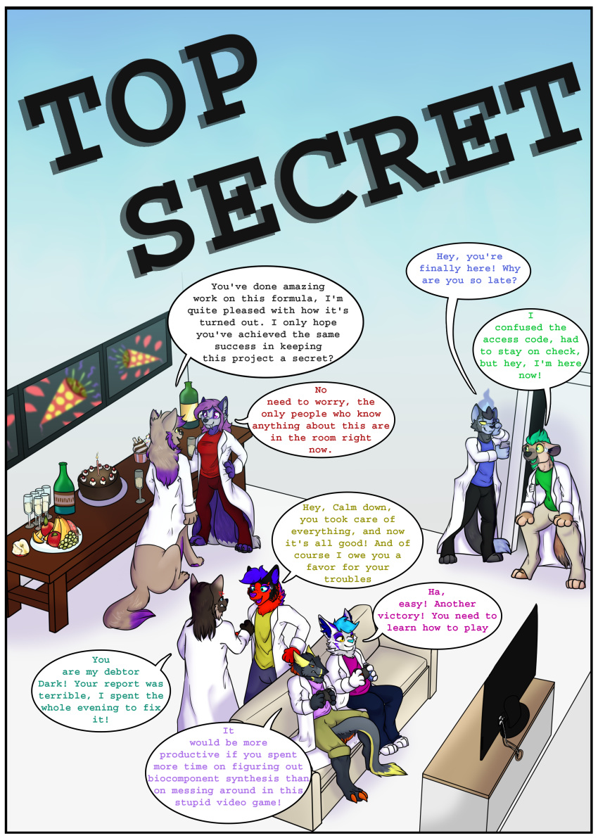 absurd_res anthro azzyen canid canine canis comic cover digital_media_(artwork) dire_wolf domestic_cat felid feline felis hi_res hyaenid mammal nintendo party pok&eacute;mon poojawa sergal sibersune taur video_games wolf youngintellegentfurryfriend