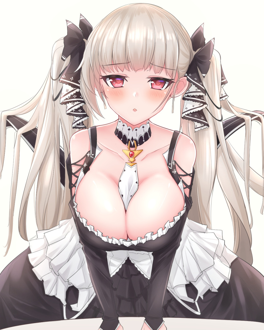 1girl azur_lane between_breasts black_dress blush breasts cleavage commentary dress earrings formidable_(azur_lane) hair_ribbon heckler_kai highres jewelry large_breasts long_hair looking_at_viewer parted_lips platinum_blonde_hair red_eyes ribbon solo twintails two-tone_ribbon very_long_hair white_background