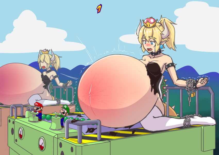 5_fingers absurd_res belly big_belly blonde_hair blue_eyes blush bodily_fluids bound bowsette_meme bracelet breasts chain chained clothed clothing collar colucolu crown ear_piercing eyebrows eyelashes female female_focus fingers group hair hi_res horn humanoid humanoid_pointy_ears imminent_death inflation jewelry legwear luigi mario mario_bros mario_party navel nintendo open_mouth piercing ponytail shell sitting spiked_armlet spiked_bracelet spiked_collar spiked_shell spiked_tail spikes stretch_marks super_crown sweat sweatdrop tears teeth thick_eyebrows thigh_highs torn_clothing video_games