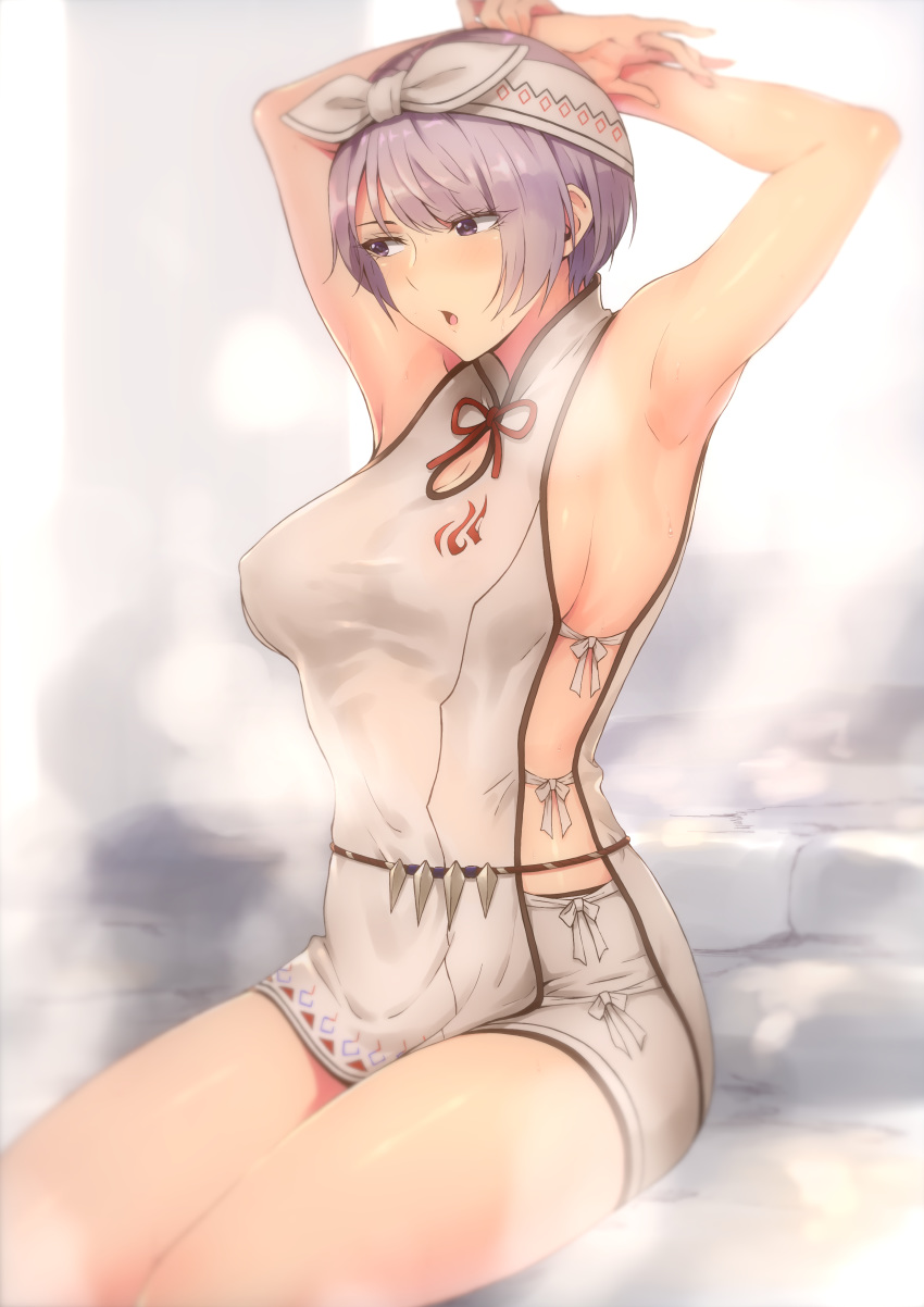 1girl :o absurdres bangs bare_arms breasts breown_eyes commentary_request grey_hair hairband highres huge_filesize large_breasts mo3hig3 monster_hunter monster_hunter:_world red_ribbon ribbon shirt short_hair short_shorts shorts sitting sleeveless sleeveless_shirt solo steam white_shorts