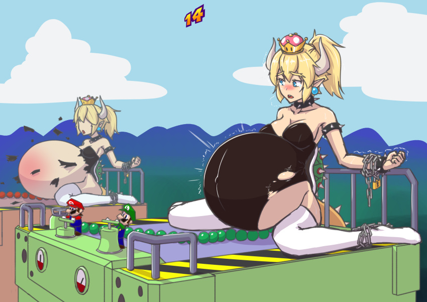 5_fingers absurd_res belly big_belly blonde_hair blue_eyes blush bodily_fluids bound bowsette_meme bracelet breasts chain chained clothed clothing collar colucolu crown ear_piercing eyebrows eyelashes female female_focus fingers group hair hi_res horn humanoid humanoid_pointy_ears inflation jewelry legwear looking_at_another luigi mario mario_bros mario_party nintendo open_mouth piercing ponytail shell sitting spiked_armlet spiked_bracelet spiked_collar spiked_shell spiked_tail spikes super_crown tears teeth thick_eyebrows thigh_highs torn_clothing video_games