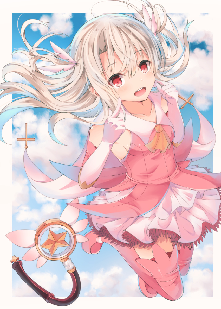 1girl :d ascot bangs bare_shoulders blue_sky blush boots brown_neckwear cloud cloudy_sky collared_shirt commentary_request day detached_sleeves elbow_gloves eyebrows_visible_through_hair fate/kaleid_liner_prisma_illya fate_(series) fingers_to_cheeks full_body gloves grey_hair hair_between_eyes highres illyasviel_von_einzbern latin_cross long_hair long_sleeves magical_ruby open_mouth pink_footwear pink_legwear pink_shirt pink_sleeves pleated_skirt prisma_illya red_eyes round_teeth shirt skirt sky sleeveless sleeveless_shirt smile solo teeth thigh_boots thighhighs two_side_up upper_teeth very_long_hair white_gloves white_skirt yuzuzukushi