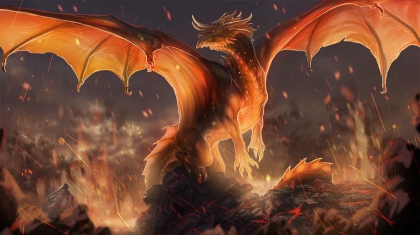 2019 claws day detailed_background digital_media_(artwork) dragon feral hi_res horn implied_fire isvoc male membrane_(anatomy) membranous_wings outside scales scalie solo spines spread_wings western_dragon wings