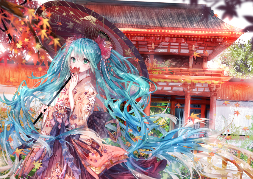 autumn hatsune_miku kity1211_tetsu leaves umbrella vocaloid