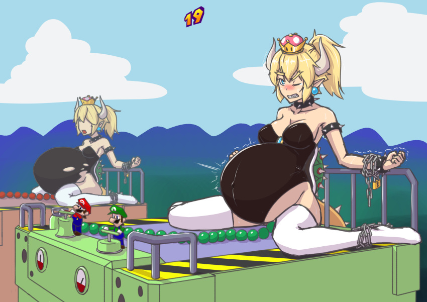 5_fingers absurd_res belly big_belly blonde_hair blue_eyes blush bodily_fluids bound bowsette_meme bracelet breasts chain chained clothed clothing collar colucolu crown ear_piercing eyebrows eyelashes female female_focus fingers group hair hi_res horn humanoid humanoid_pointy_ears inflation jewelry legwear luigi mario mario_bros mario_party nintendo one_eye_closed open_mouth penetration piercing ponytail pussy shell sitting spiked_armlet spiked_bracelet spiked_collar spiked_shell spiked_tail spikes super_crown sweat sweatdrop tears teeth thick_eyebrows thigh_highs torn_clothing vaginal vaginal_penetration video_games