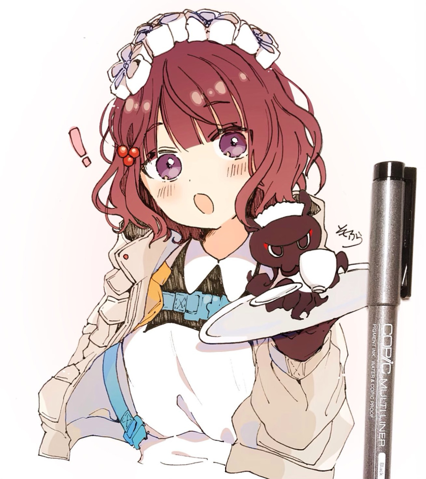 ! 1girl :o animal apron bangs black_dress blush_stickers brown_gloves brown_hair brown_jacket collared_dress cropped_torso cup dress eyebrows_visible_through_hair fate/grand_order fate_(series) gloves hair_ornament hand_up head_tilt heroic_spirit_festival_outfit highres holding holding_cup holding_saucer holding_tray jacket katsushika_hokusai_(fate/grand_order) long_sleeves looking_at_viewer maid_headdress octopus open_clothes open_jacket open_mouth photo purple_eyes signature simple_background sofra tokitarou_(fate/grand_order) traditional_media tray upper_body white_apron white_background