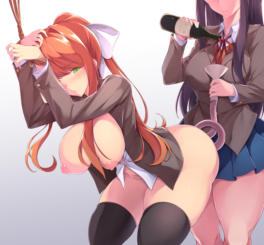 2girls alcohol anal anal_object_insertion bdsm bent_over black_legwear blazer blue_skirt blush bondage bottle bottomless bound bound_wrists breasts commentary covered_nipples doki_doki_literature_club enema english_commentary femdom green_eyes hair_intakes hair_ribbon hanging_breasts head_out_of_frame highres jacket large_breasts long_hair maullarmaullar monika_(doki_doki_literature_club) multiple_girls nipples object_insertion orange_hair ponytail purple_hair ribbon rope school_uniform skirt thick_thighs thighhighs thighs white_background wine wine_bottle yuri yuri_(doki_doki_literature_club)