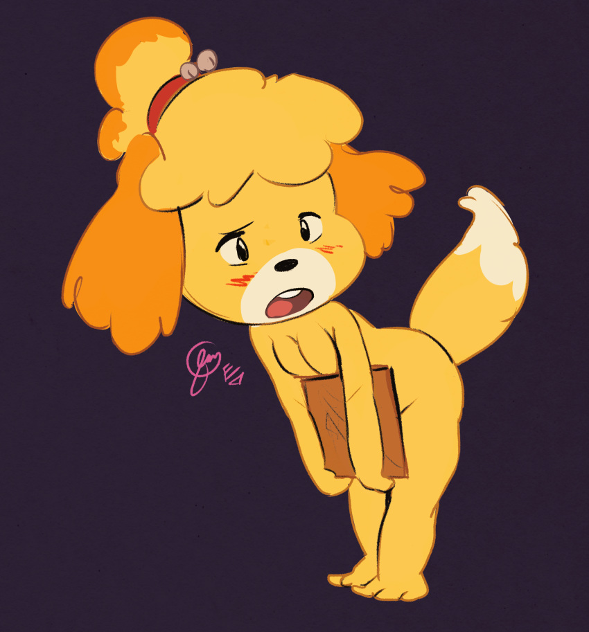 2019 animal_crossing anthro blush breasts canid canine canis cleavage clipboard clothed clothing covering domestic_dog edtropolis female fur hi_res isabelle_(animal_crossing) mammal nintendo nude shih_tzu simple_background solo toy_dog video_games yellow_fur