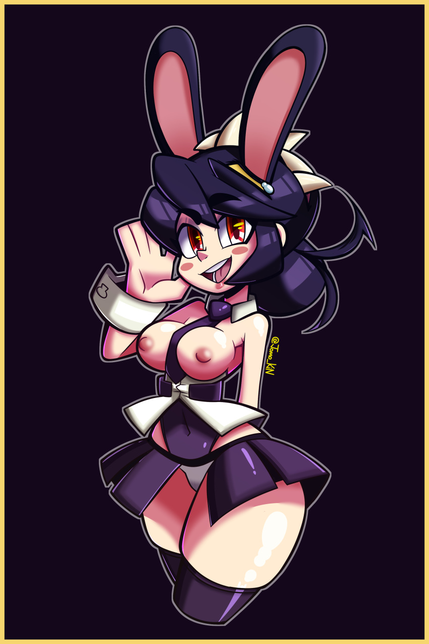 absurd_res animal_humanoid blush blush_stickers bottomwear breasts clothing duo female filia hair hi_res humanoid jomokin lagomorph lagomorph_humanoid leporid_humanoid living_hair looking_at_viewer mammal mammal_humanoid nipples open_mouth rabbit_humanoid red_eyes samson skirt skullgirls solo_focus video_games wrist_cuff